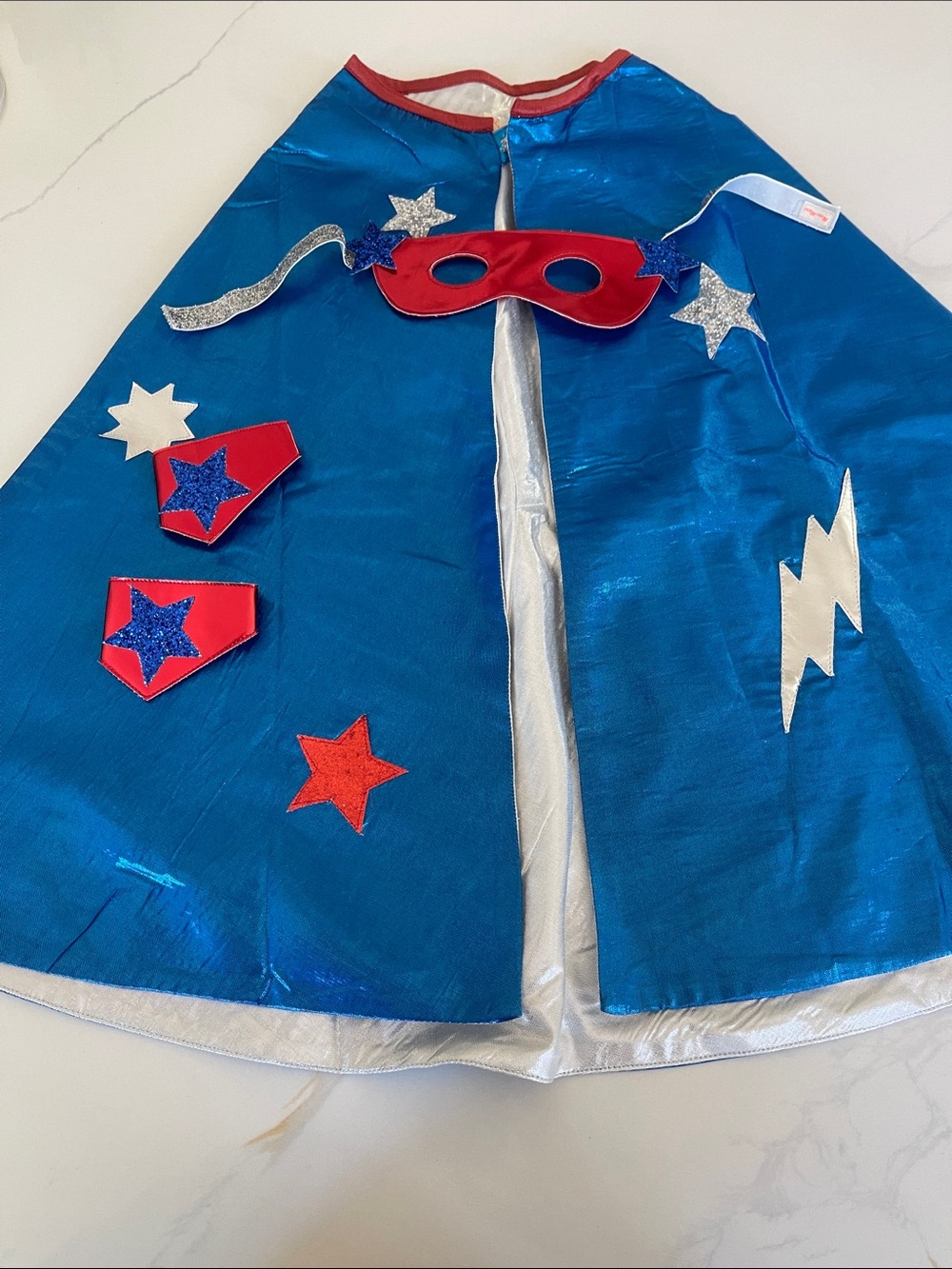 Meri Meri Shiny Blue Superhero Cape with Red Mask and Star Accents